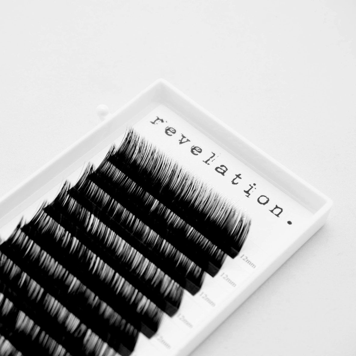 Top view of an Eyelash Extension Lash tray in L Curl Revelation Brand