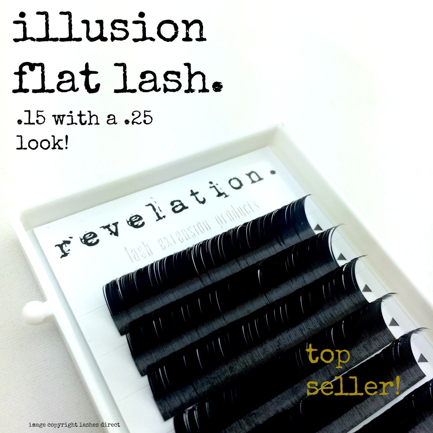 Illusion Flat Lash image of eyelash extension tray. Revelation Lash Extension Products logo